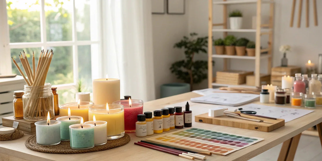Candle making studio in a window-lit room with fragrance oils and wax on a table