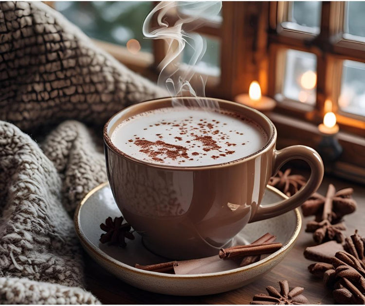 Cozy scene with a cup of steaming hot cocoa, on a table with a blanket