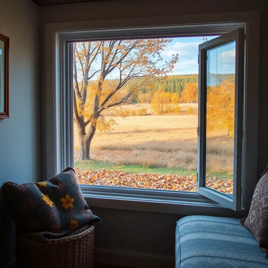 A nook with a window looking out to a field with trees and fall leaves